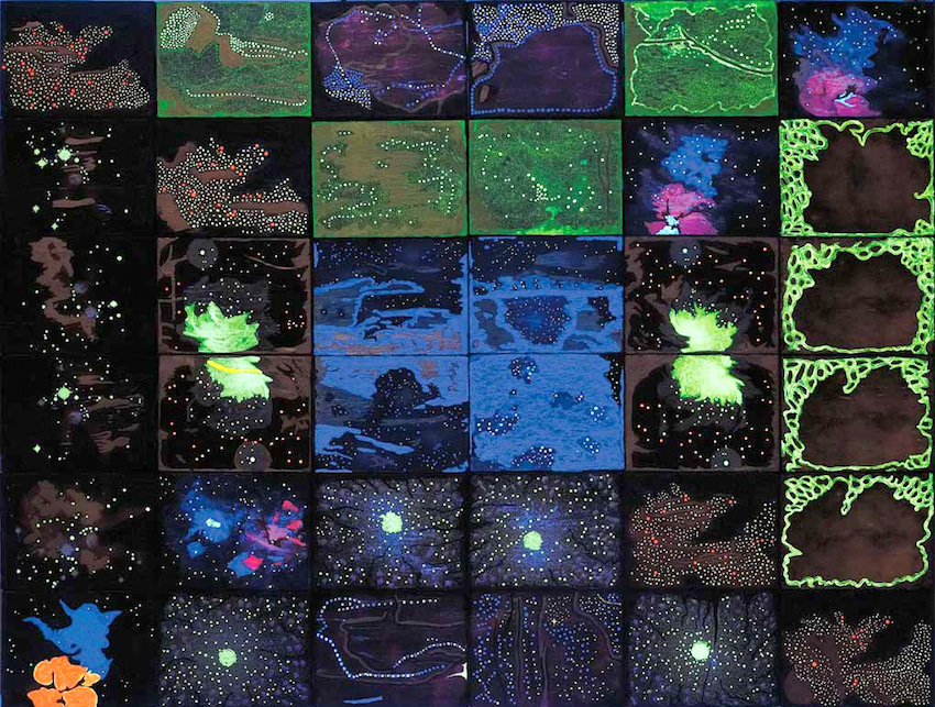 Acrilici, foglia d'oro vera, foglia di rame e d'argento, fluorescenti e fosforescenti su 36 tele 18 x 24 cm. Polittico Misura Complessiva indivisibile 108 x 144 cm.